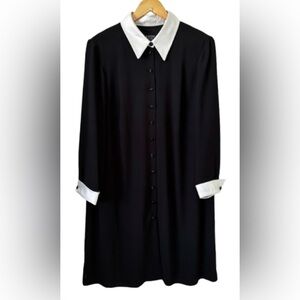Laundry by Sheli Segal VTG blk w wht cuffs & cllr slk bttn frnt lined drss SZ 1X